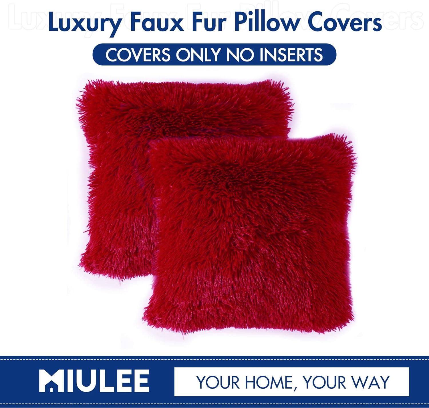imageMIULEE Pack of 2 Luxury Faux Fur Throw Pillow Cover Deluxe Winter Decorative Plush Pillow Case Cushion Cover Shell for Sofa Bedroom Car 16 x 16 Inch BeigeRed