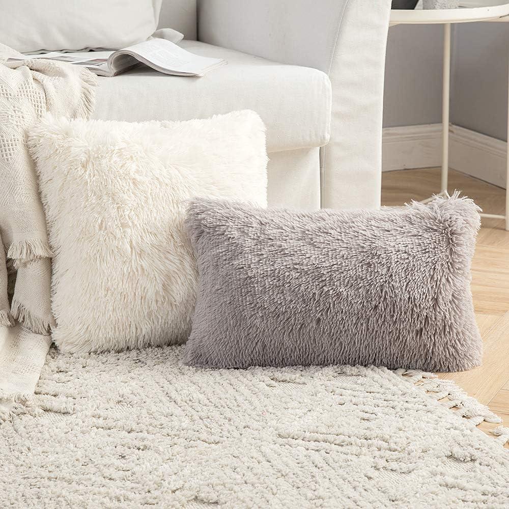 imageMIULEE Pack of 2 Luxury Faux Fur Throw Pillow Cover Deluxe Winter Decorative Plush Pillow Case Cushion Cover Shell for Sofa Bedroom Car 16 x 16 Inch BeigeGrey