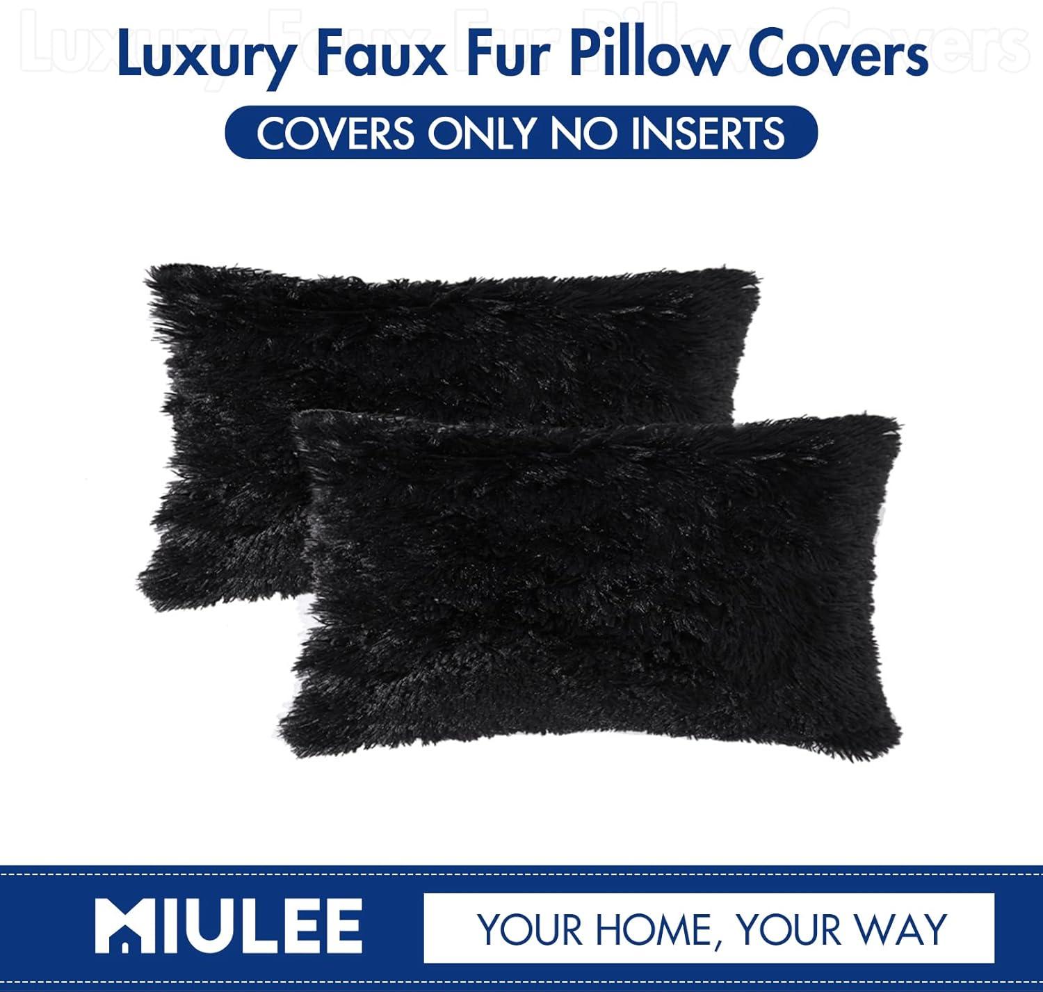 imageMIULEE Pack of 2 Luxury Faux Fur Throw Pillow Cover Deluxe Winter Decorative Plush Pillow Case Cushion Cover Shell for Sofa Bedroom Car 16 x 16 Inch BeigeBlack