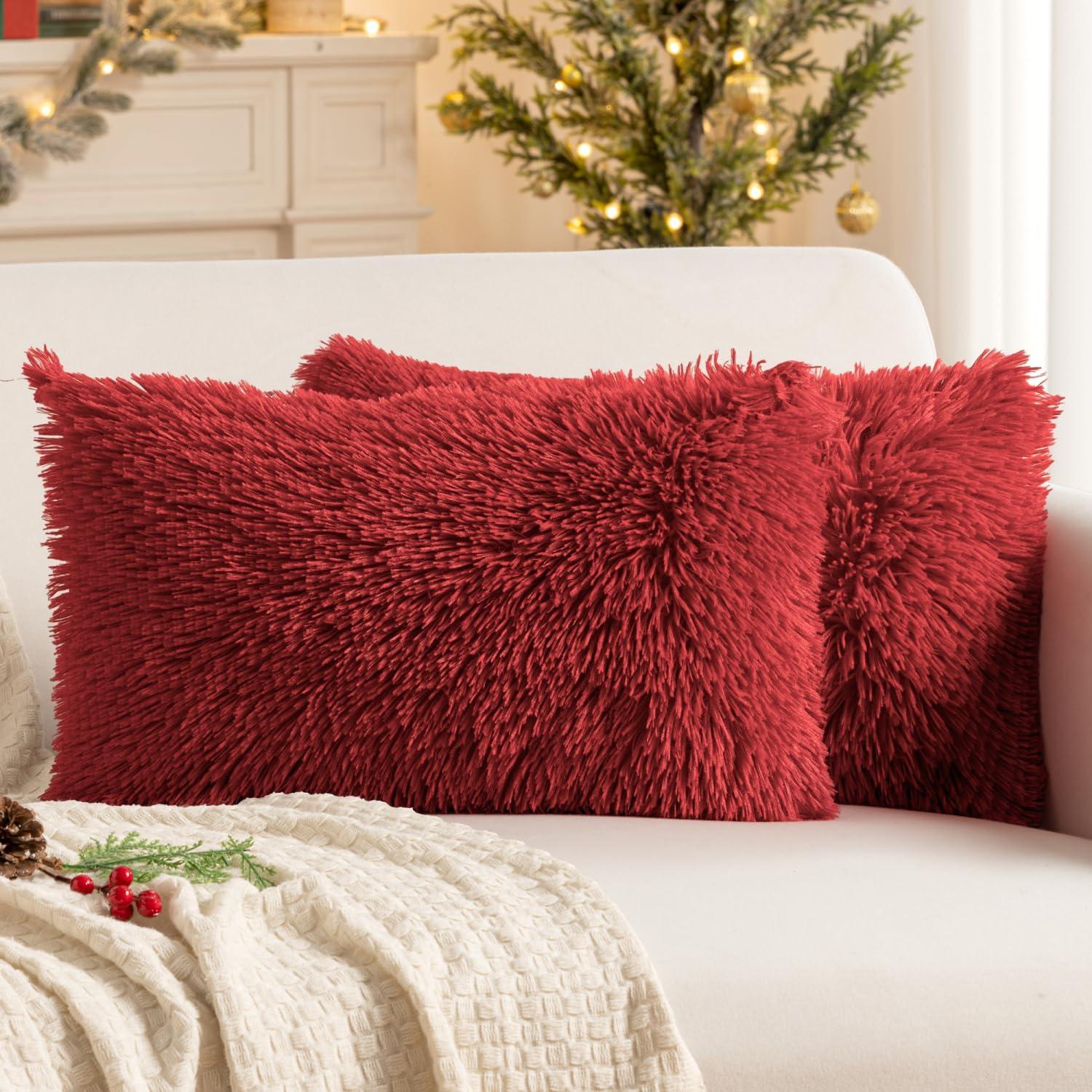 imageMIULEE Pack of 2 Luxury Faux Fur Throw Pillow Cover Deluxe Winter Decorative Plush Pillow Case Cushion Cover Shell for Sofa Bedroom Car 16 x 16 Inch BeigeRed