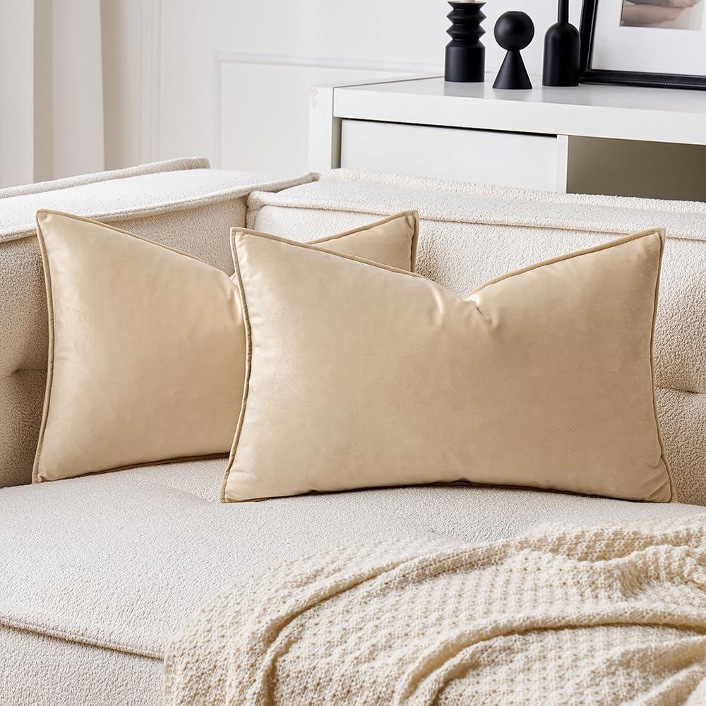 imageMIULEE Pack of 2 Navy Blue Decorative Velvet Throw Pillow Cover Soft Pillow Cover Soild Square Cushion Case for Sofa Bedroom Car 18x 18 Inch 45x 45cmBeige