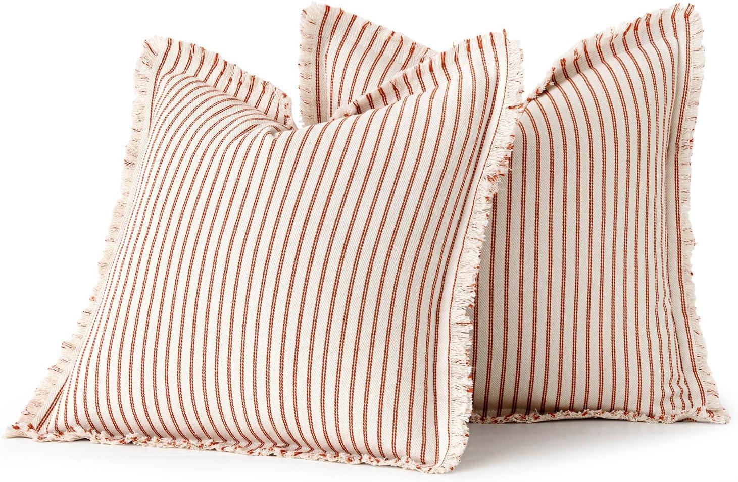 imageMIULEE Pack of 2 Rust Pillow Covers 26x26 Inch Striped Farmhouse Couch Throw Pillow Covers with Fringe Chic Linen Decorative Cushion Eruo Sham for Sofa Living Room Bed Outdoor Home DecorRust
