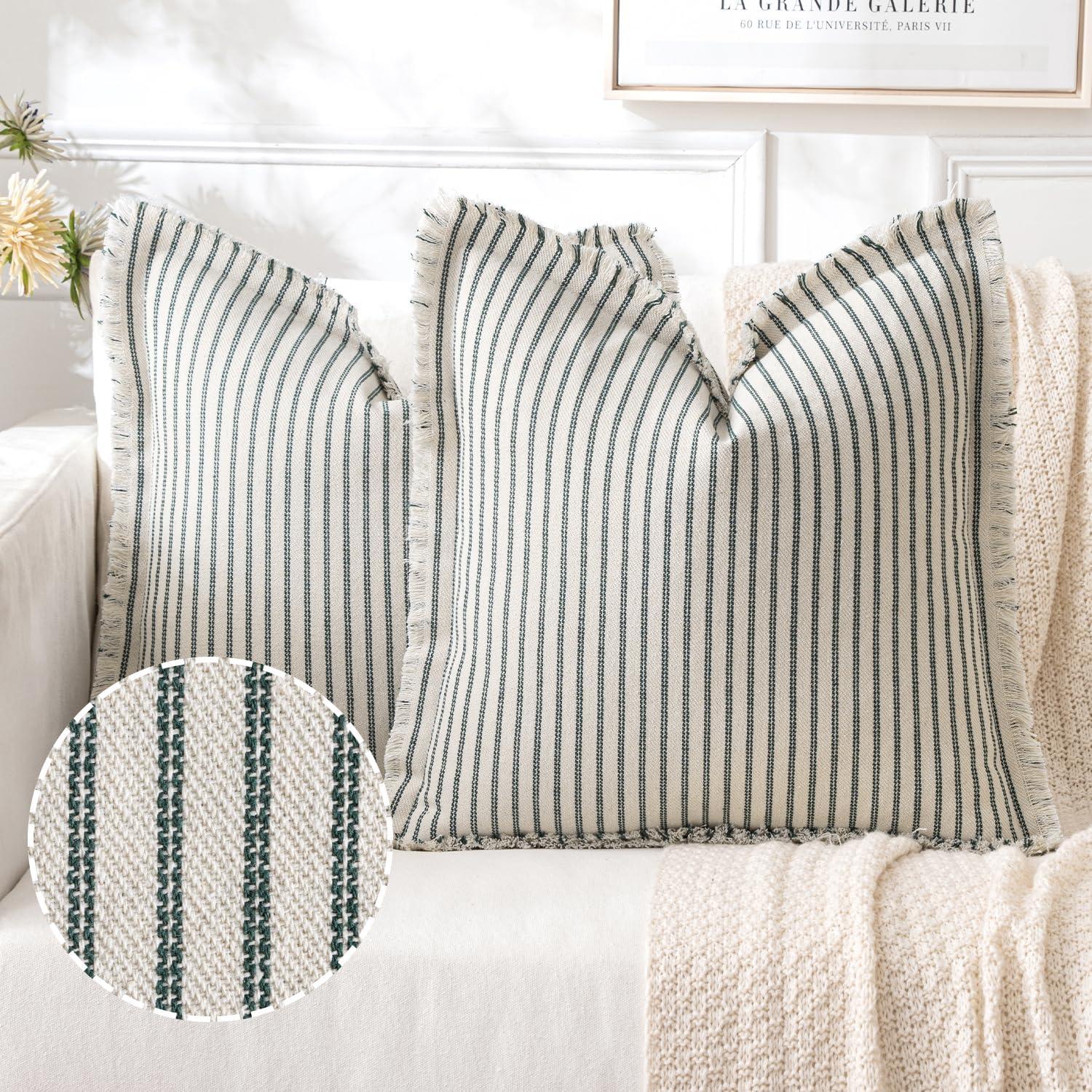 imageMIULEE Pack of 2 Rust Pillow Covers 26x26 Inch Striped Farmhouse Couch Throw Pillow Covers with Fringe Chic Linen Decorative Cushion Eruo Sham for Sofa Living Room Bed Outdoor Home DecorDark Green