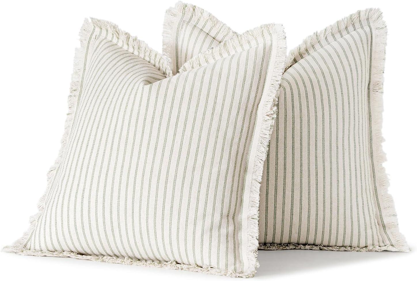 imageMIULEE Pack of 2 Rust Pillow Covers 26x26 Inch Striped Farmhouse Couch Throw Pillow Covers with Fringe Chic Linen Decorative Cushion Eruo Sham for Sofa Living Room Bed Outdoor Home DecorSage Green