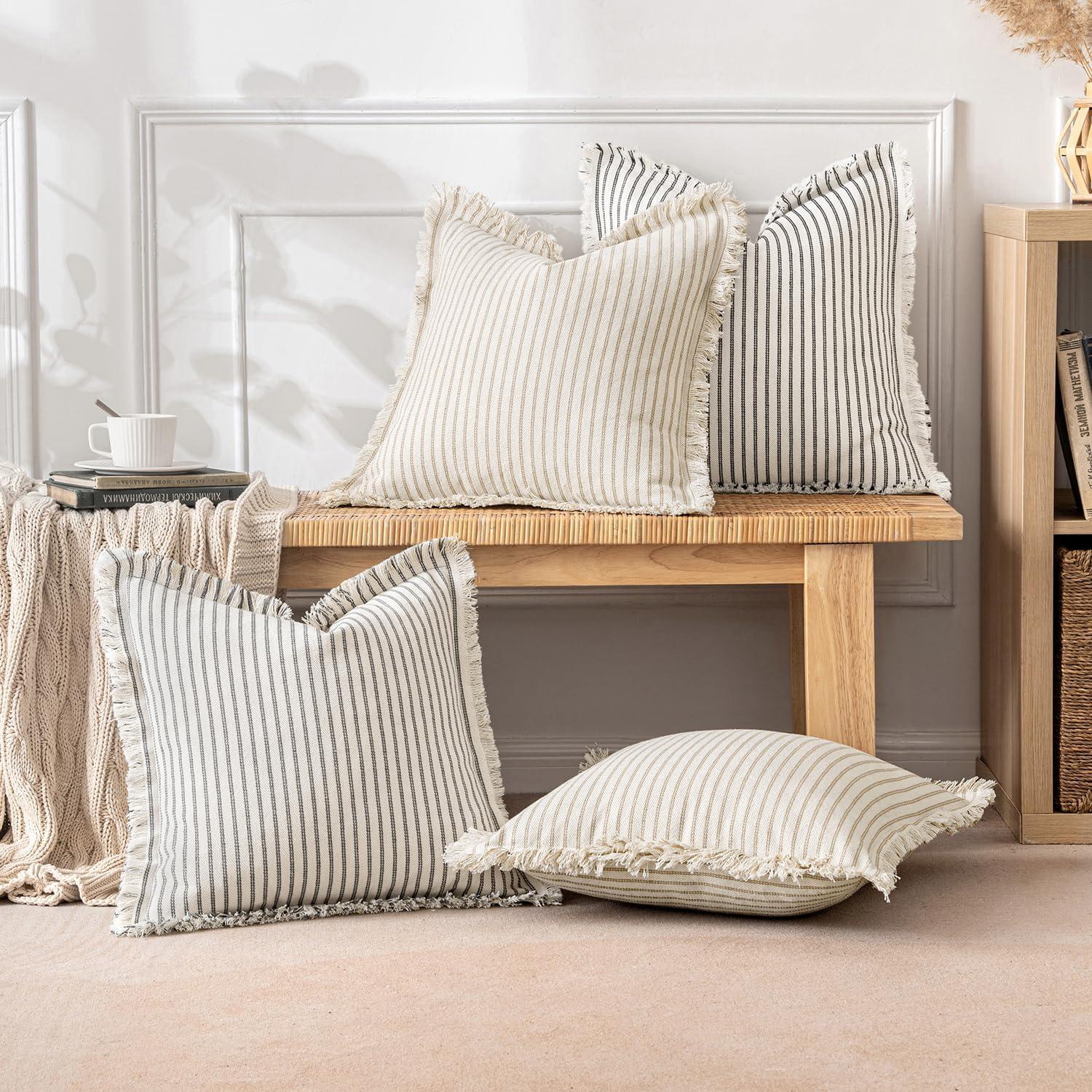 imageMIULEE Pack of 2 Rust Pillow Covers 26x26 Inch Striped Farmhouse Couch Throw Pillow Covers with Fringe Chic Linen Decorative Cushion Eruo Sham for Sofa Living Room Bed Outdoor Home DecorGray