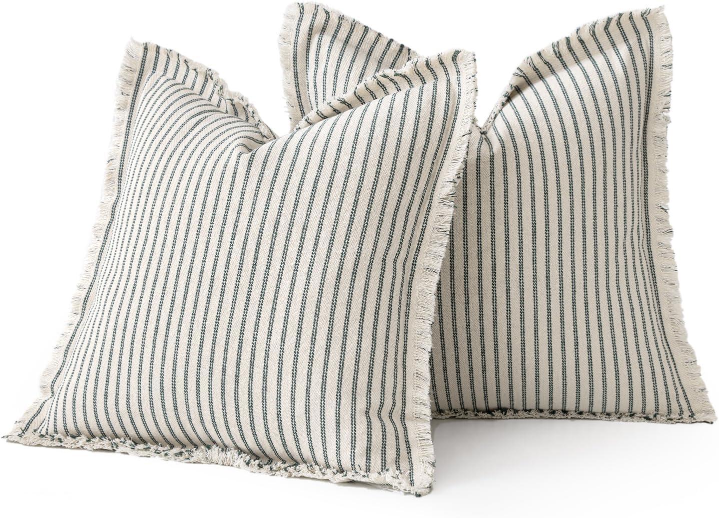 imageMIULEE Pack of 2 Rust Pillow Covers 26x26 Inch Striped Farmhouse Couch Throw Pillow Covers with Fringe Chic Linen Decorative Cushion Eruo Sham for Sofa Living Room Bed Outdoor Home DecorDark Green