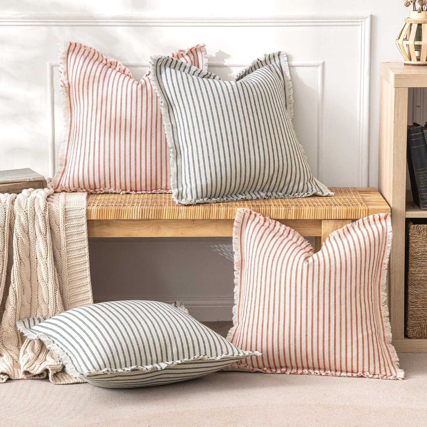 imageMIULEE Pack of 2 Rust Pillow Covers 26x26 Inch Striped Farmhouse Couch Throw Pillow Covers with Fringe Chic Linen Decorative Cushion Eruo Sham for Sofa Living Room Bed Outdoor Home DecorDark Green