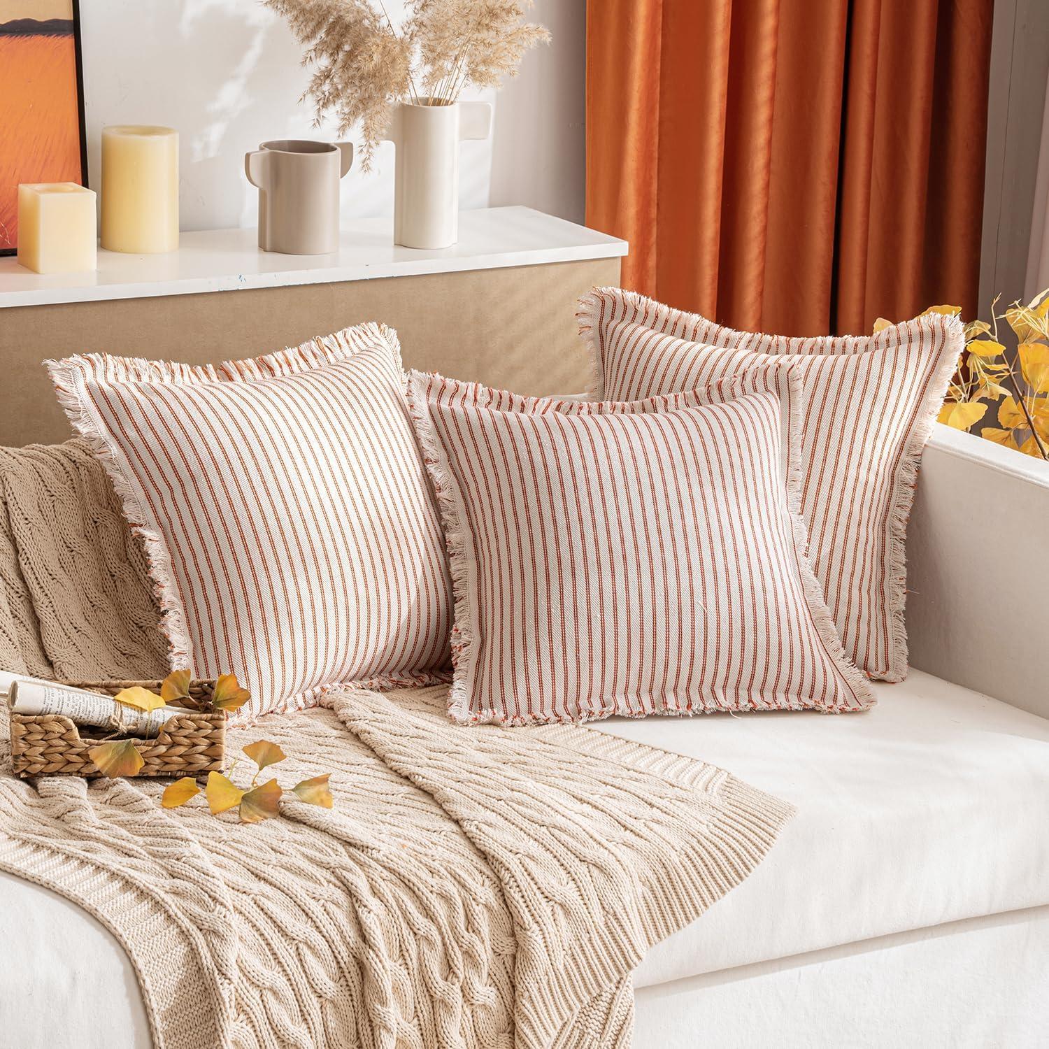 imageMIULEE Pack of 2 Rust Pillow Covers 26x26 Inch Striped Farmhouse Couch Throw Pillow Covers with Fringe Chic Linen Decorative Cushion Eruo Sham for Sofa Living Room Bed Outdoor Home DecorRust