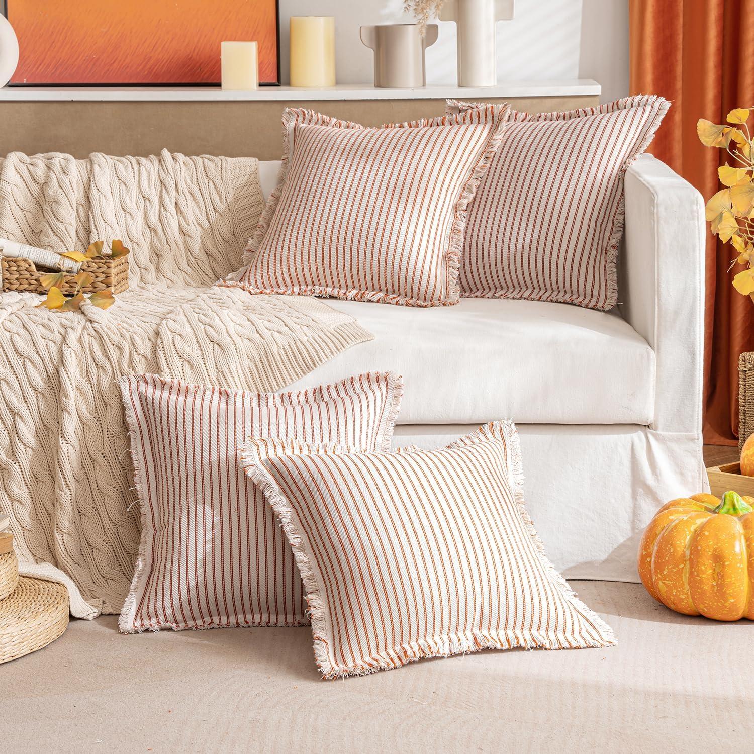 imageMIULEE Pack of 2 Rust Pillow Covers 26x26 Inch Striped Farmhouse Couch Throw Pillow Covers with Fringe Chic Linen Decorative Cushion Eruo Sham for Sofa Living Room Bed Outdoor Home DecorRust