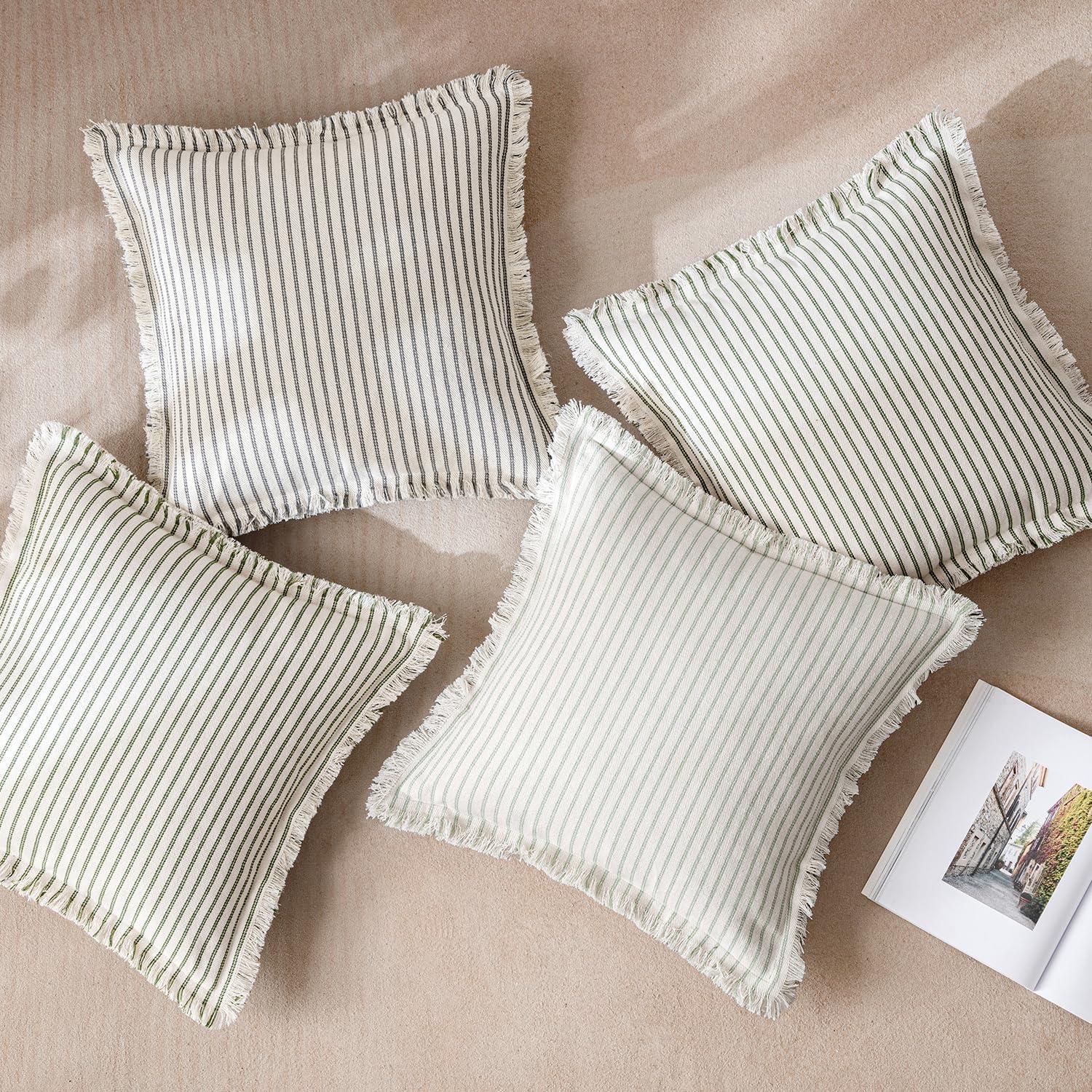 imageMIULEE Pack of 2 Rust Pillow Covers 26x26 Inch Striped Farmhouse Couch Throw Pillow Covers with Fringe Chic Linen Decorative Cushion Eruo Sham for Sofa Living Room Bed Outdoor Home DecorSage Green