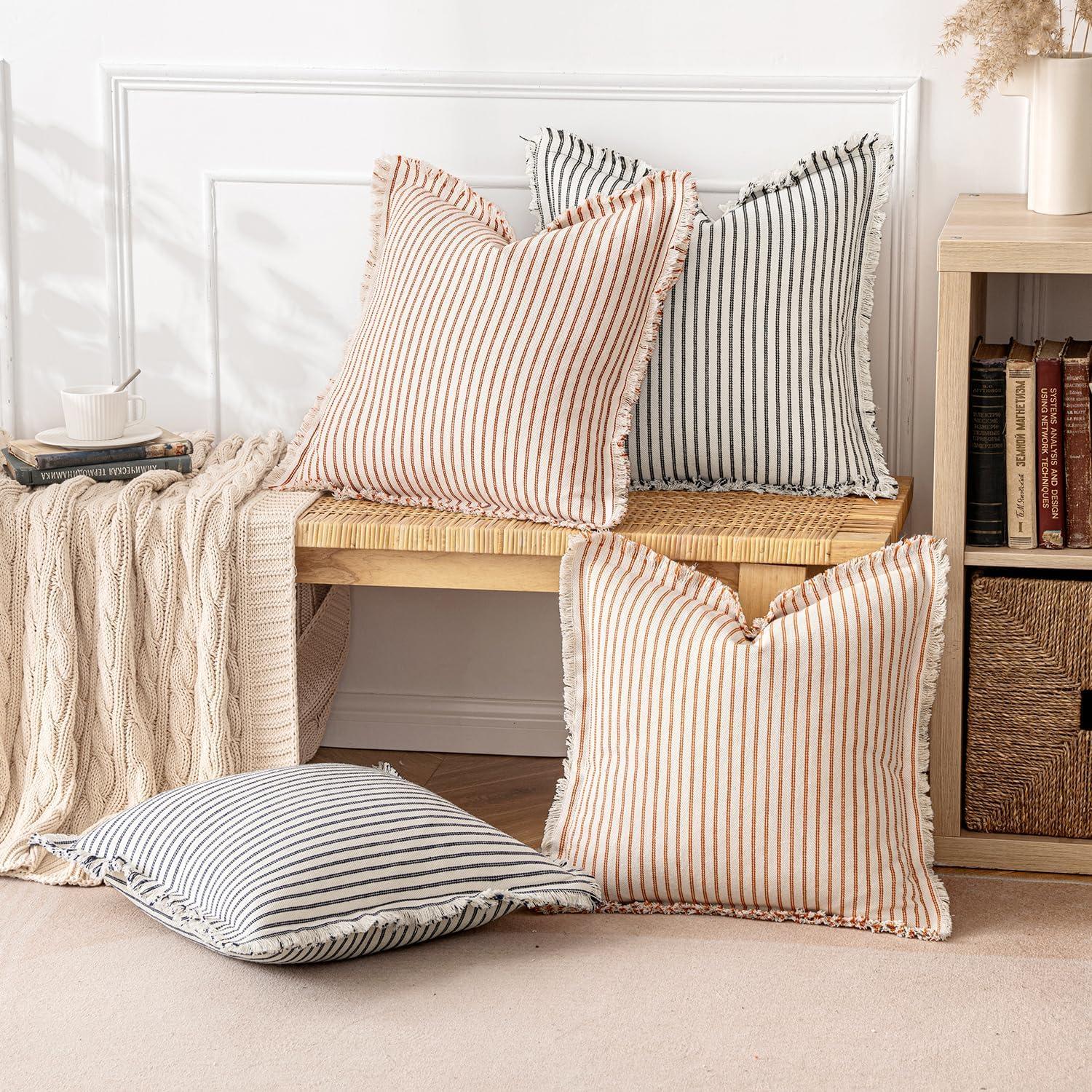 imageMIULEE Pack of 2 Rust Pillow Covers 26x26 Inch Striped Farmhouse Couch Throw Pillow Covers with Fringe Chic Linen Decorative Cushion Eruo Sham for Sofa Living Room Bed Outdoor Home DecorNavy Blue