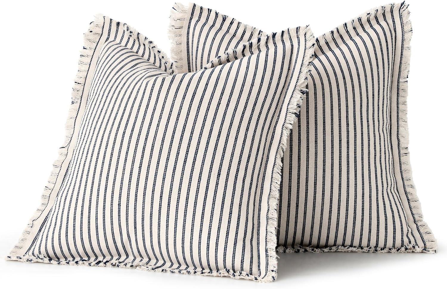 imageMIULEE Pack of 2 Rust Pillow Covers 26x26 Inch Striped Farmhouse Couch Throw Pillow Covers with Fringe Chic Linen Decorative Cushion Eruo Sham for Sofa Living Room Bed Outdoor Home DecorNavy Blue