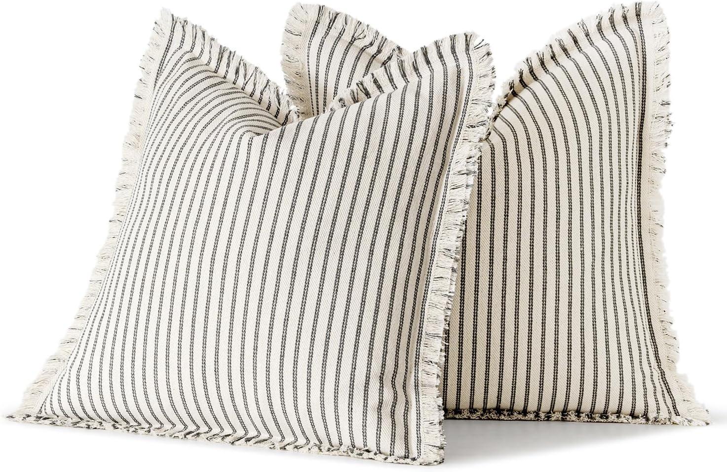 imageMIULEE Pack of 2 Rust Pillow Covers 26x26 Inch Striped Farmhouse Couch Throw Pillow Covers with Fringe Chic Linen Decorative Cushion Eruo Sham for Sofa Living Room Bed Outdoor Home DecorGray