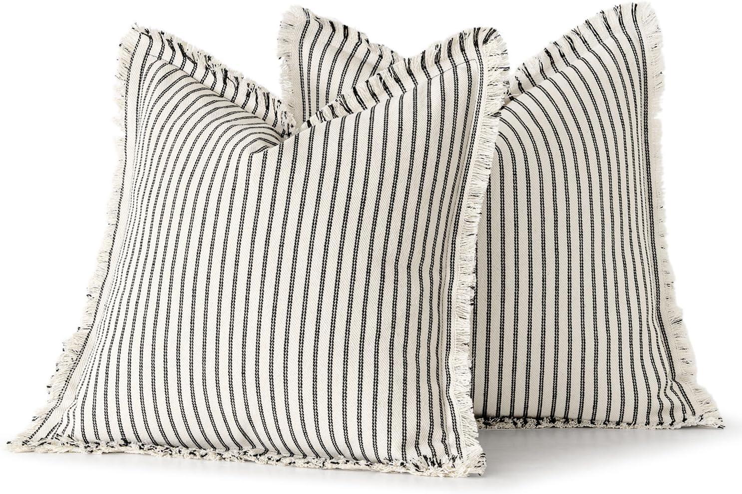 imageMIULEE Pack of 2 Rust Pillow Covers 26x26 Inch Striped Farmhouse Couch Throw Pillow Covers with Fringe Chic Linen Decorative Cushion Eruo Sham for Sofa Living Room Bed Outdoor Home DecorBlack