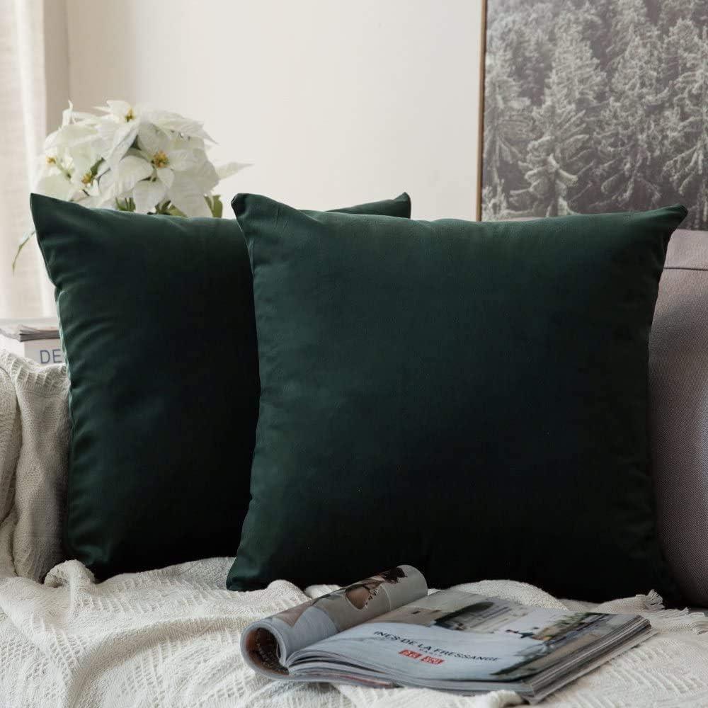 imageMIULEE Pack of 2 Velvet Soft Solid Decorative Square Throw Pillow Covers Christmas Cushion Case for Couch Sofa Bedroom Car 18x18 Inch 45x45 cm GreenArmy Green