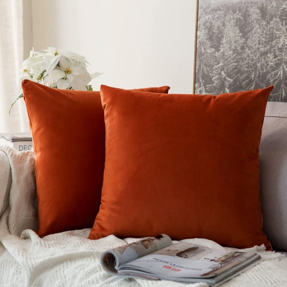 imageMIULEE Pack of 2 Velvet Soft Solid Decorative Square Throw Pillow Covers Christmas Cushion Case for Couch Sofa Bedroom Car 18x18 Inch 45x45 cm GreenBurnt Orange