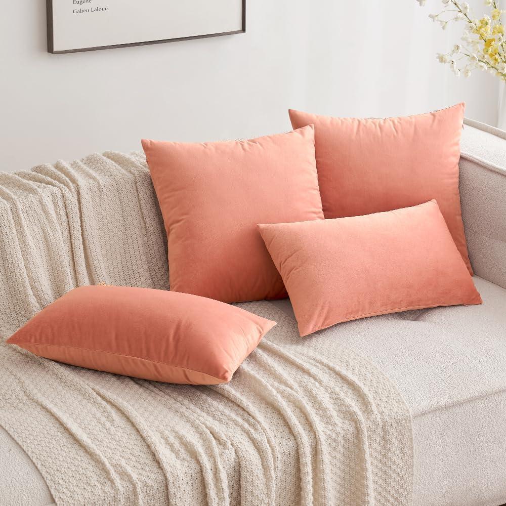 imageMIULEE Pack of 2 Velvet Soft Solid Decorative Square Throw Pillow Covers Christmas Cushion Case for Couch Sofa Bedroom Car 18x18 Inch 45x45 cm GreenCoral Red