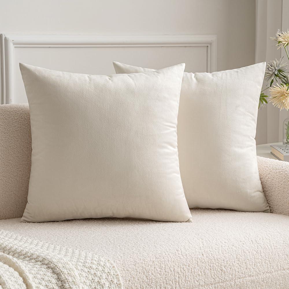 imageMIULEE Pack of 2 Velvet Soft Solid Decorative Square Throw Pillow Covers Christmas Cushion Case for Couch Sofa Bedroom Car 18x18 Inch 45x45 cm GreenCream White