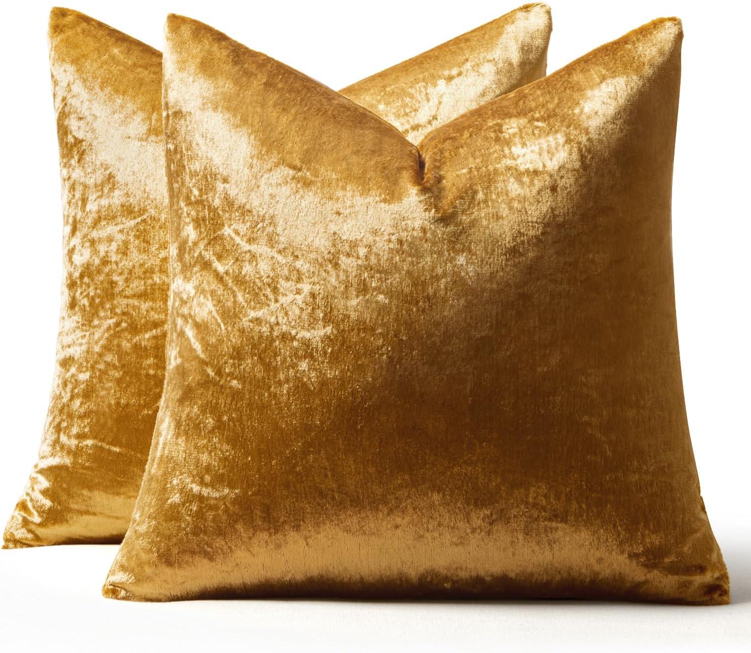 imageMIULEE Pack of 2 Velvet Soft Solid Decorative Square Throw Pillow Covers Christmas Cushion Case for Couch Sofa Bedroom Car 18x18 Inch 45x45 cm GreenDark Gold