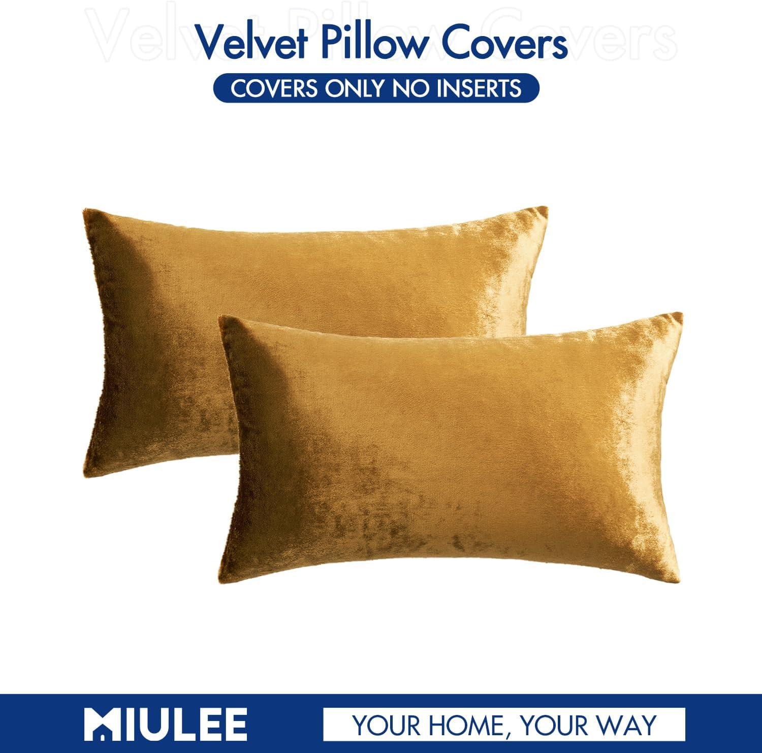 imageMIULEE Pack of 2 Velvet Soft Solid Decorative Square Throw Pillow Covers Christmas Cushion Case for Couch Sofa Bedroom Car 18x18 Inch 45x45 cm GreenDark Gold
