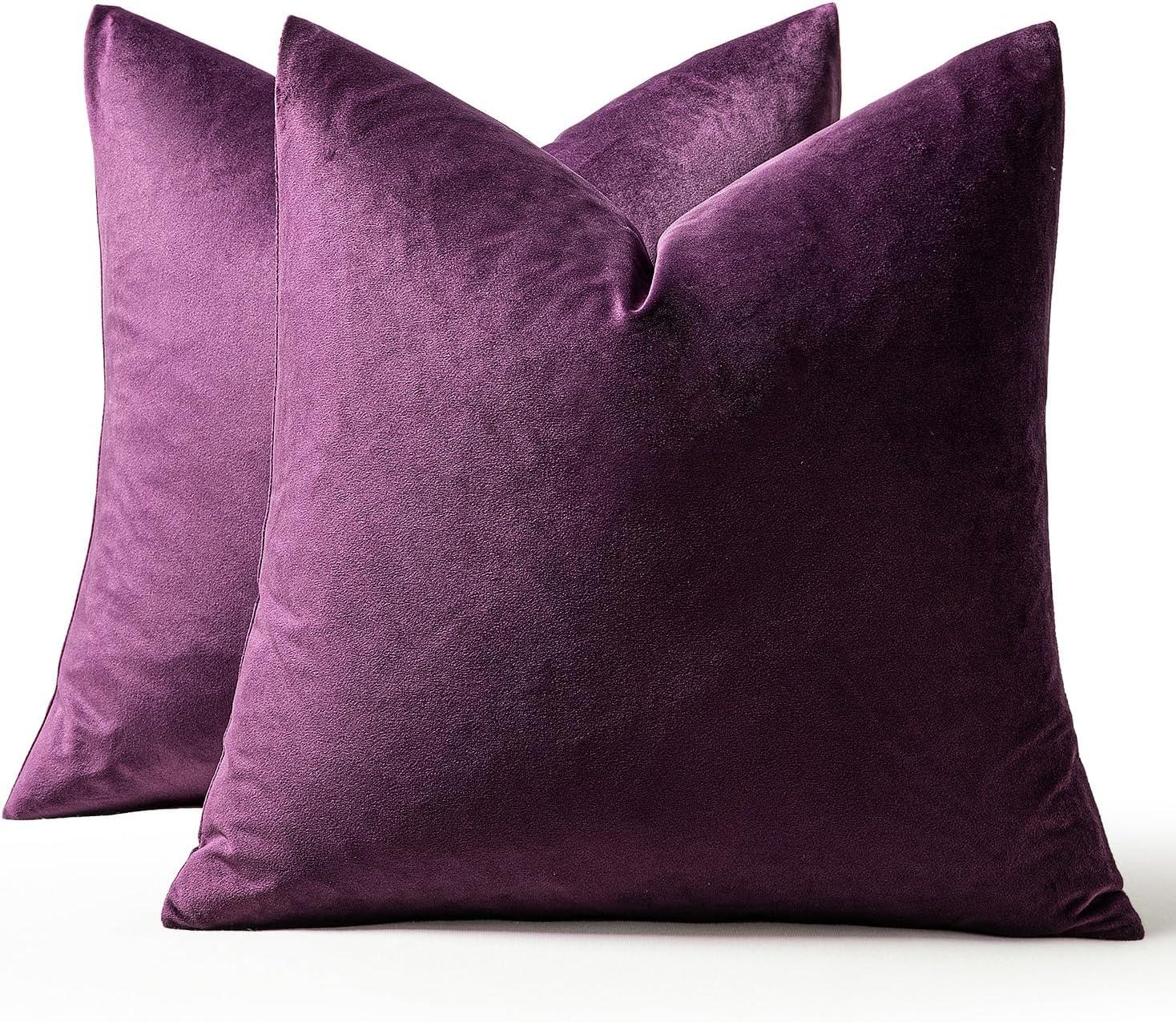 imageMIULEE Pack of 2 Velvet Soft Solid Decorative Square Throw Pillow Covers Christmas Cushion Case for Couch Sofa Bedroom Car 18x18 Inch 45x45 cm GreenEggplant Purple