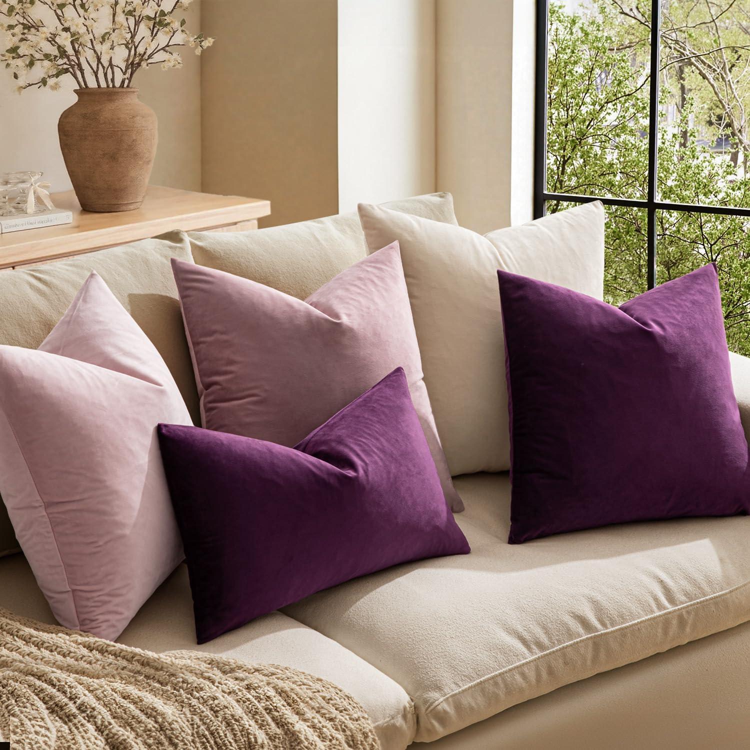 imageMIULEE Pack of 2 Velvet Soft Solid Decorative Square Throw Pillow Covers Christmas Cushion Case for Couch Sofa Bedroom Car 18x18 Inch 45x45 cm GreenEggplant Purple