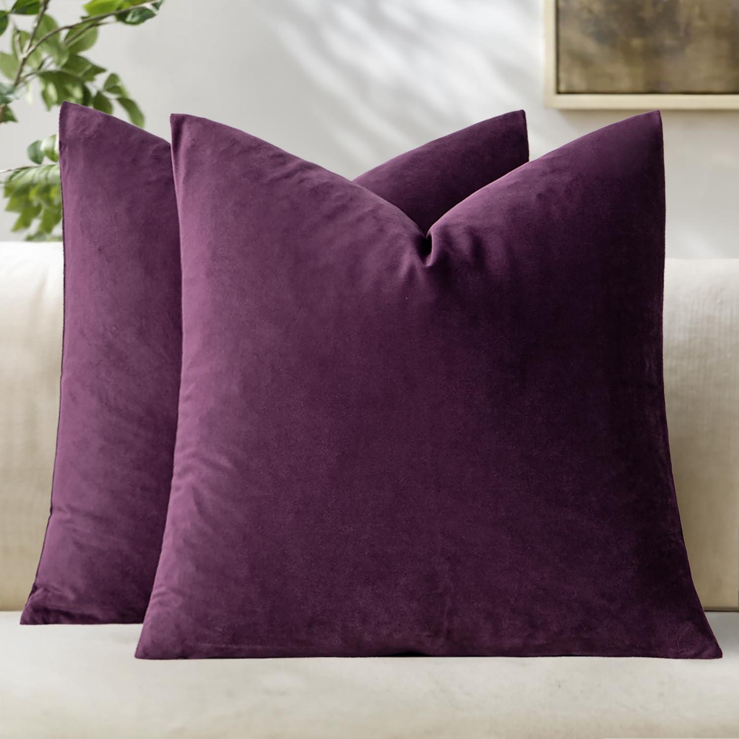imageMIULEE Pack of 2 Velvet Soft Solid Decorative Square Throw Pillow Covers Christmas Cushion Case for Couch Sofa Bedroom Car 18x18 Inch 45x45 cm GreenEggplant Purple