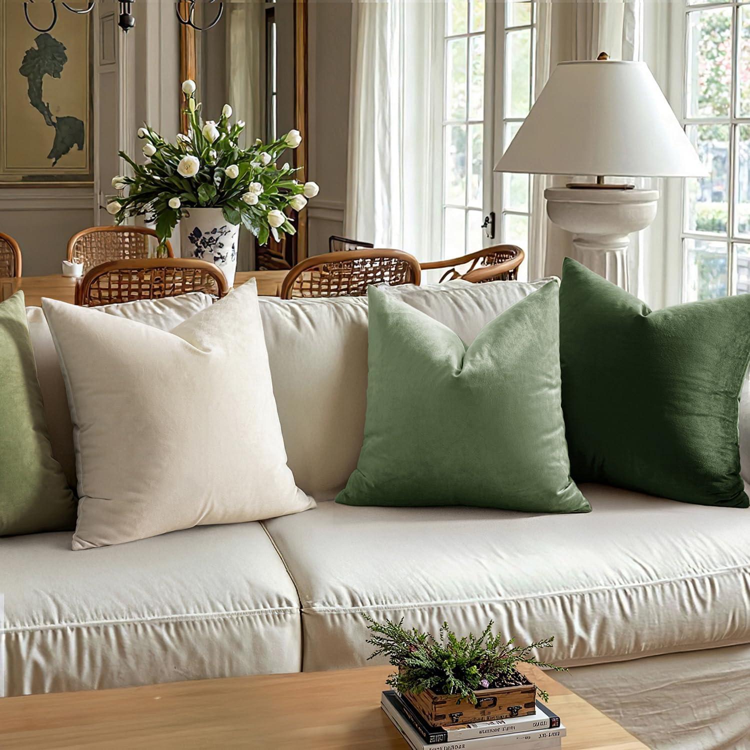 imageMIULEE Pack of 2 Velvet Soft Solid Decorative Square Throw Pillow Covers Christmas Cushion Case for Couch Sofa Bedroom Car 18x18 Inch 45x45 cm GreenMoss Green