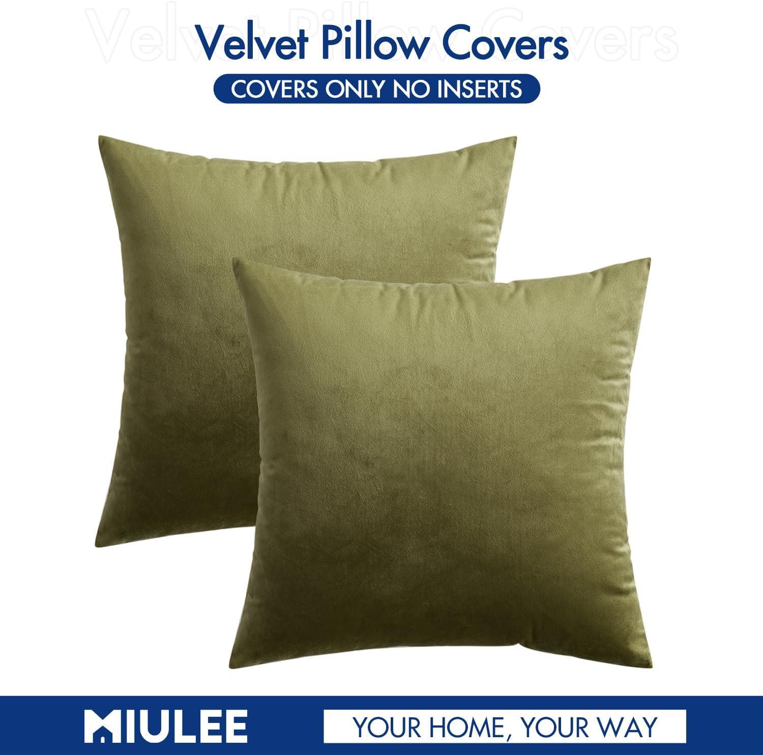 imageMIULEE Pack of 2 Velvet Soft Solid Decorative Square Throw Pillow Covers Christmas Cushion Case for Couch Sofa Bedroom Car 18x18 Inch 45x45 cm GreenOlive Green