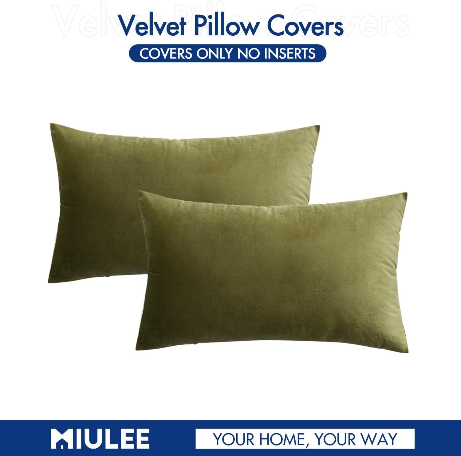 imageMIULEE Pack of 2 Velvet Soft Solid Decorative Square Throw Pillow Covers Christmas Cushion Case for Couch Sofa Bedroom Car 18x18 Inch 45x45 cm GreenOlive Green