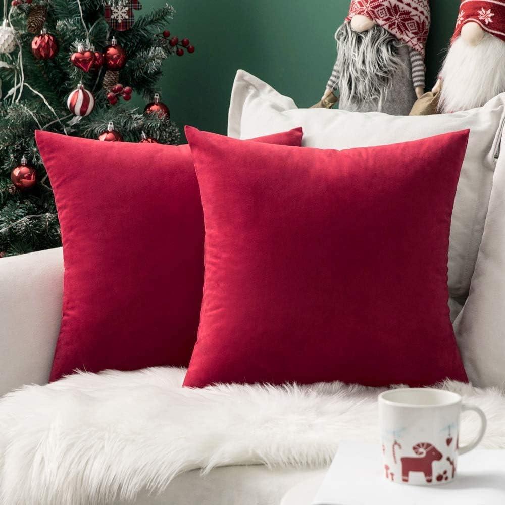imageMIULEE Pack of 2 Velvet Soft Solid Decorative Square Throw Pillow Covers Christmas Cushion Case for Couch Sofa Bedroom Car 18x18 Inch 45x45 cm GreenRed
