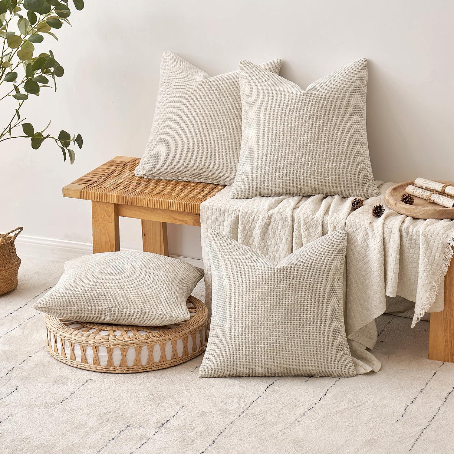 imageMIULEE Pack of 4 Couch Throw Pillow Covers 20x20 Inch Neutral Soft Decorative Chenille Pillow Covers Farmhouse Boho Cushion Covers for Mid Century Modern Home Decor Sofa Bedroom Living RoomCream