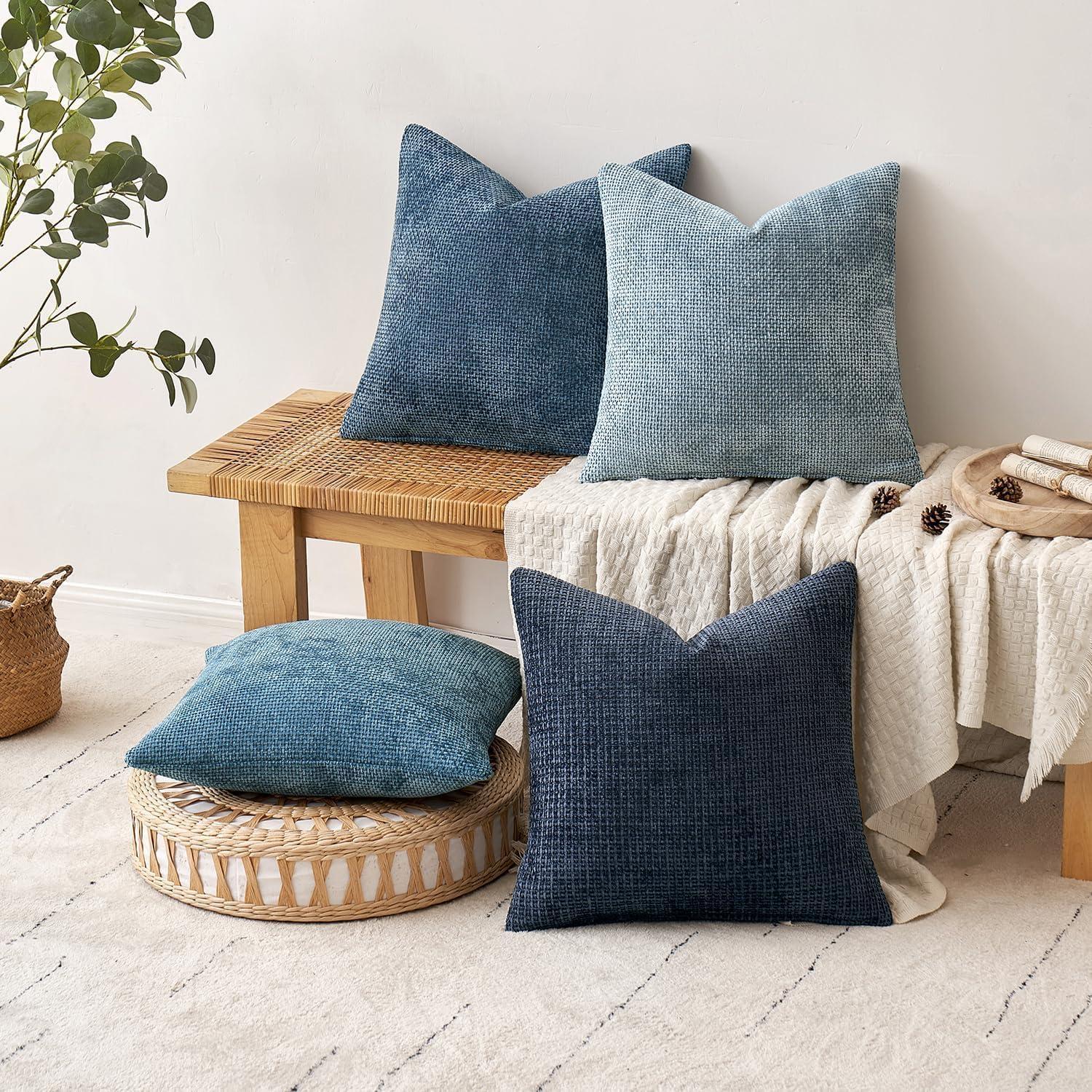 imageMIULEE Pack of 4 Couch Throw Pillow Covers 20x20 Inch Neutral Soft Decorative Chenille Pillow Covers Farmhouse Boho Cushion Covers for Mid Century Modern Home Decor Sofa Bedroom Living RoomNeutral Blue