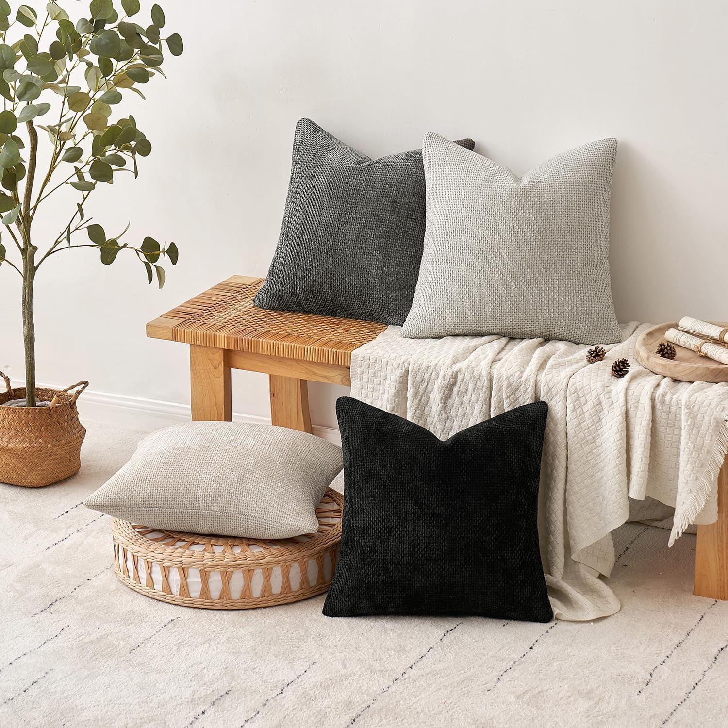 imageMIULEE Pack of 4 Couch Throw Pillow Covers 20x20 Inch Neutral Soft Decorative Chenille Pillow Covers Farmhouse Boho Cushion Covers for Mid Century Modern Home Decor Sofa Bedroom Living RoomNeutral CreamGrey