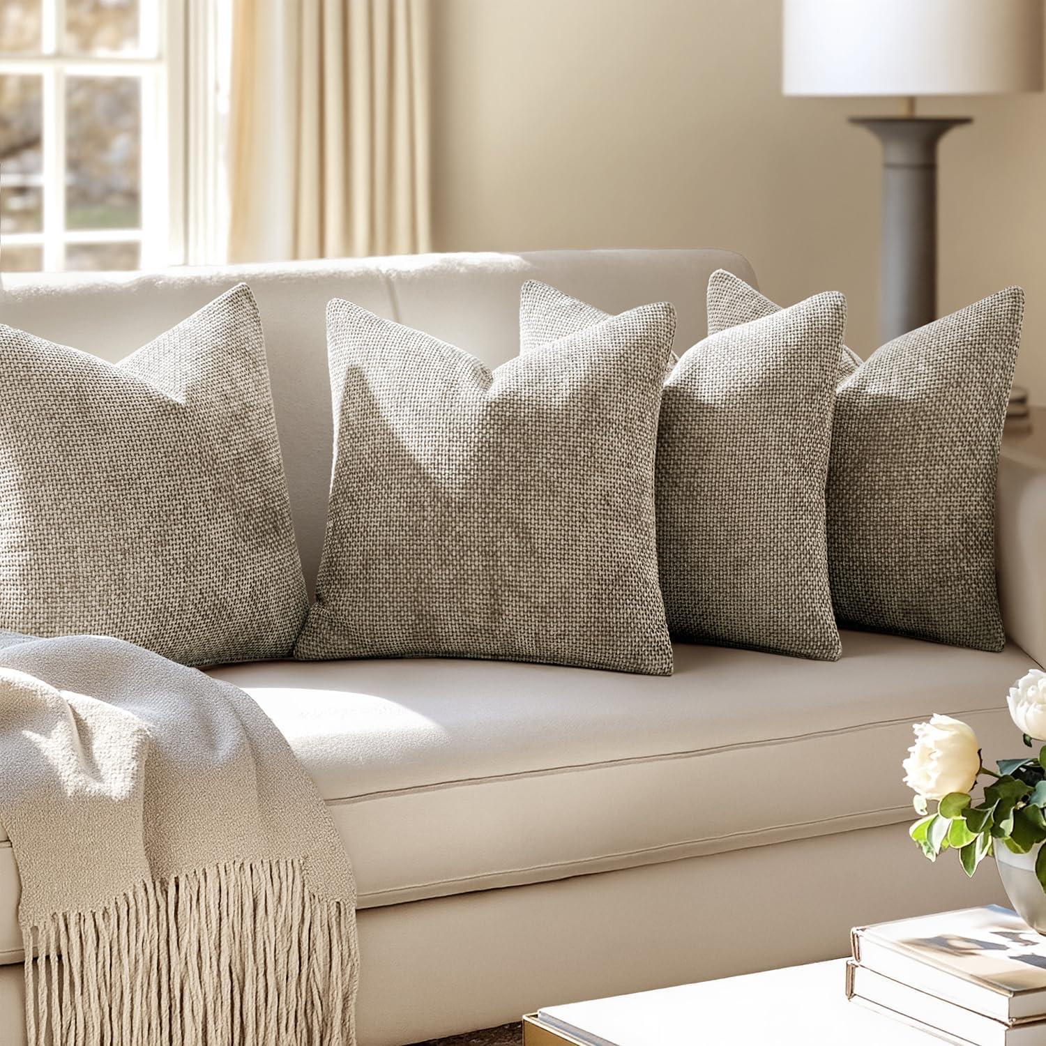imageMIULEE Pack of 4 Couch Throw Pillow Covers 20x20 Inch Neutral Soft Decorative Chenille Pillow Covers Farmhouse Boho Cushion Covers for Mid Century Modern Home Decor Sofa Bedroom Living RoomKhaki