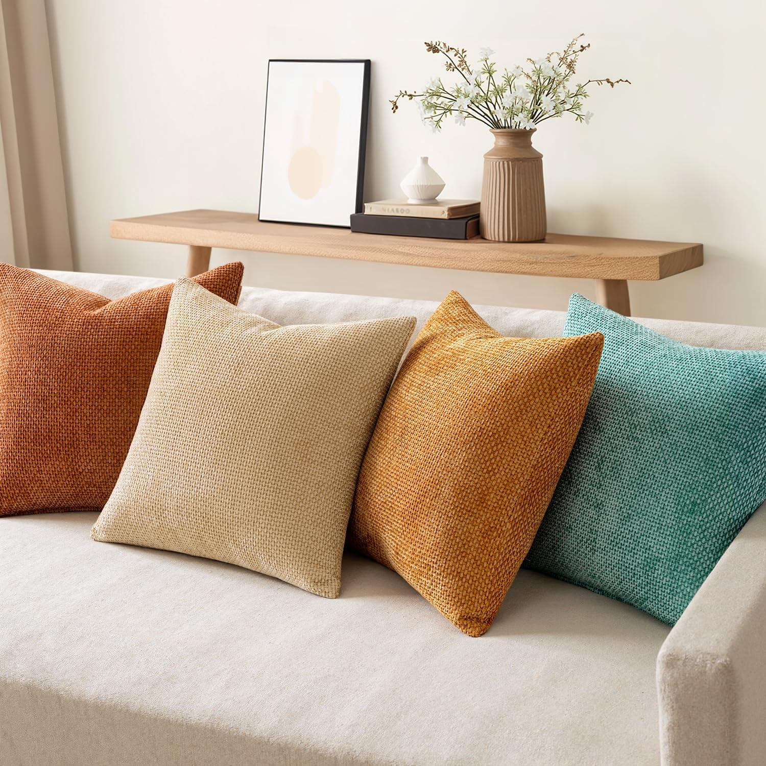 imageMIULEE Pack of 4 Couch Throw Pillow Covers 20x20 Inch Neutral Soft Decorative Chenille Pillow Covers Farmhouse Boho Cushion Covers for Mid Century Modern Home Decor Sofa Bedroom Living RoomOrangeTeal