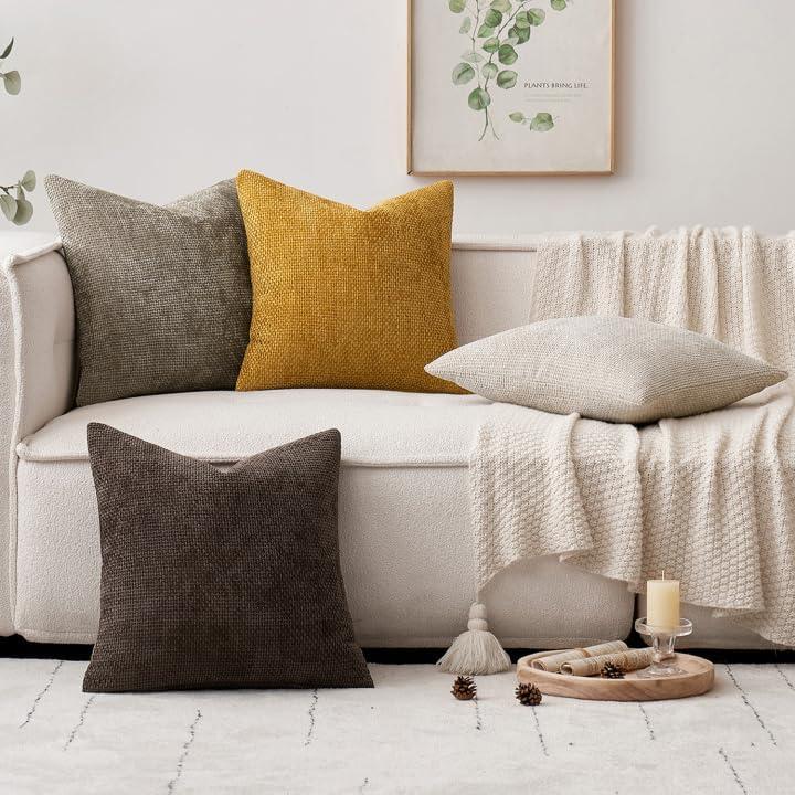 imageMIULEE Pack of 4 Couch Throw Pillow Covers 20x20 Inch Neutral Soft Decorative Chenille Pillow Covers Farmhouse Boho Cushion Covers for Mid Century Modern Home Decor Sofa Bedroom Living RoomNeutral GoldBrown
