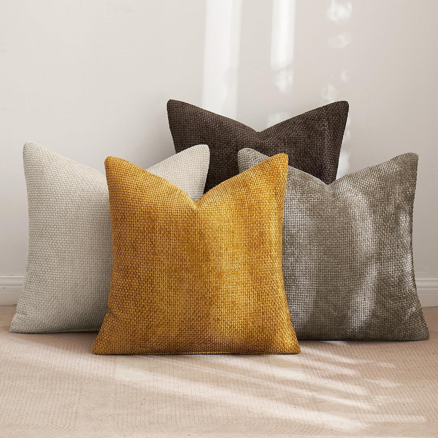 imageMIULEE Pack of 4 Couch Throw Pillow Covers 20x20 Inch Neutral Soft Decorative Chenille Pillow Covers Farmhouse Boho Cushion Covers for Mid Century Modern Home Decor Sofa Bedroom Living RoomNeutral GoldBrown