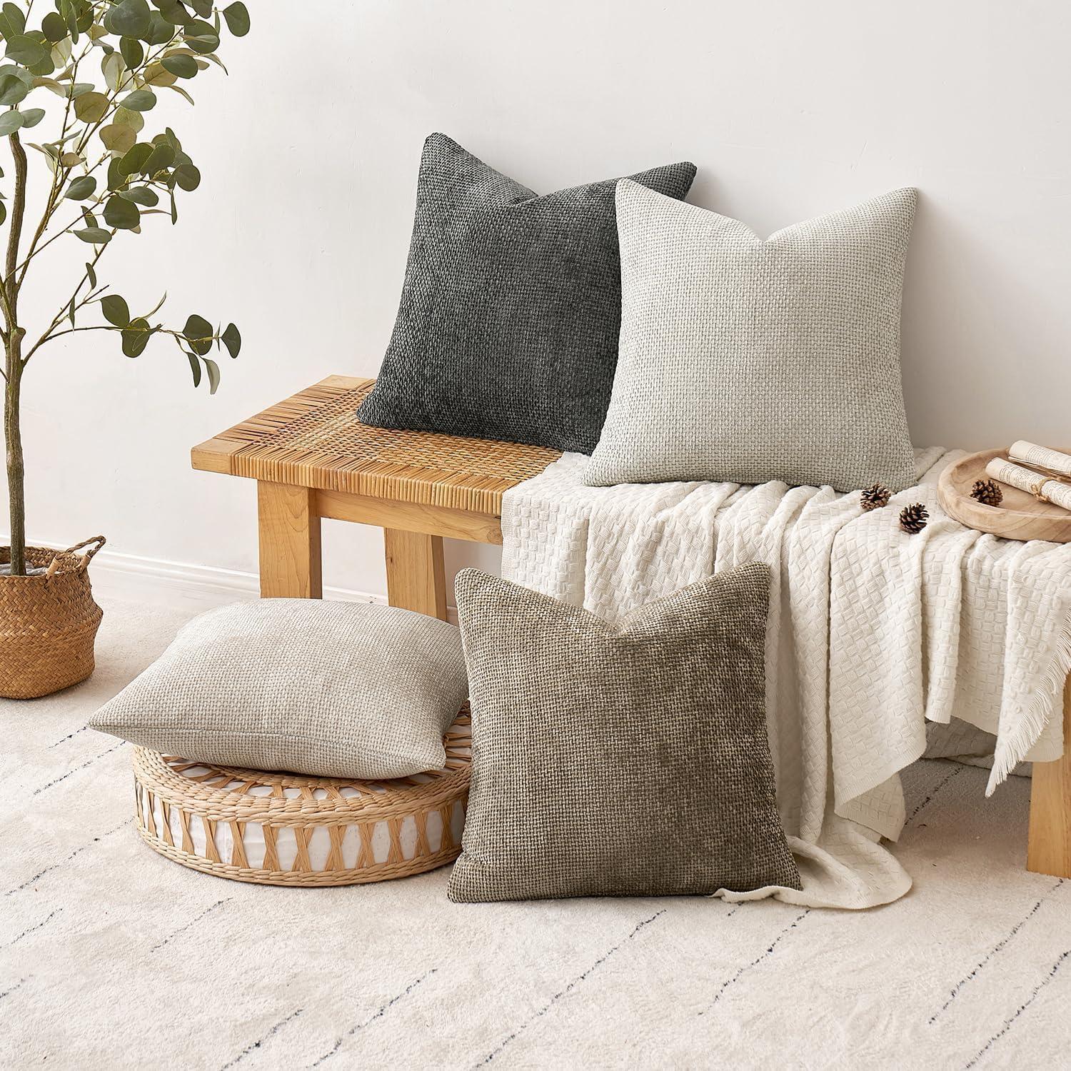 imageMIULEE Pack of 4 Couch Throw Pillow Covers 20x20 Inch Neutral Soft Decorative Chenille Pillow Covers Farmhouse Boho Cushion Covers for Mid Century Modern Home Decor Sofa Bedroom Living RoomNeutral