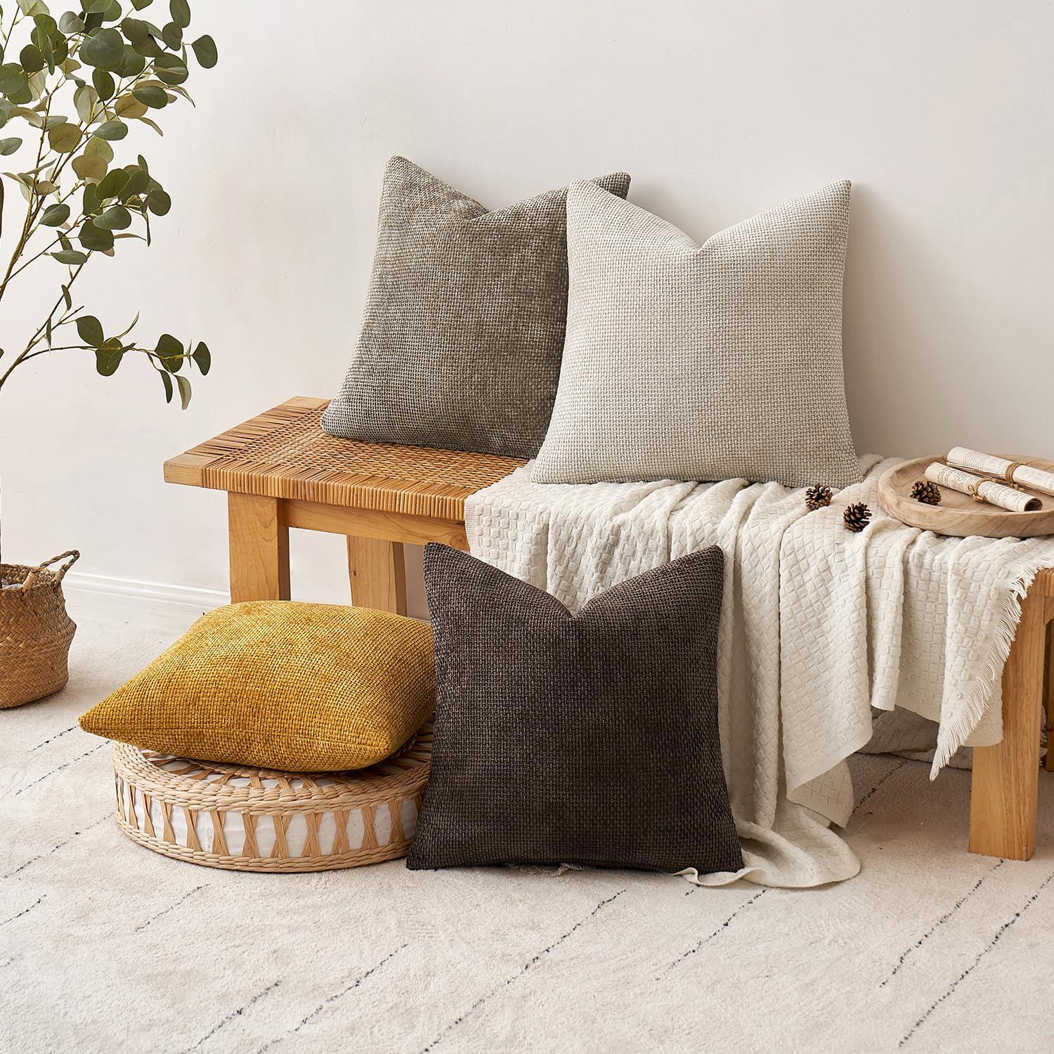imageMIULEE Pack of 4 Couch Throw Pillow Covers 20x20 Inch Neutral Soft Decorative Chenille Pillow Covers Farmhouse Boho Cushion Covers for Mid Century Modern Home Decor Sofa Bedroom Living RoomNeutral GoldBrown