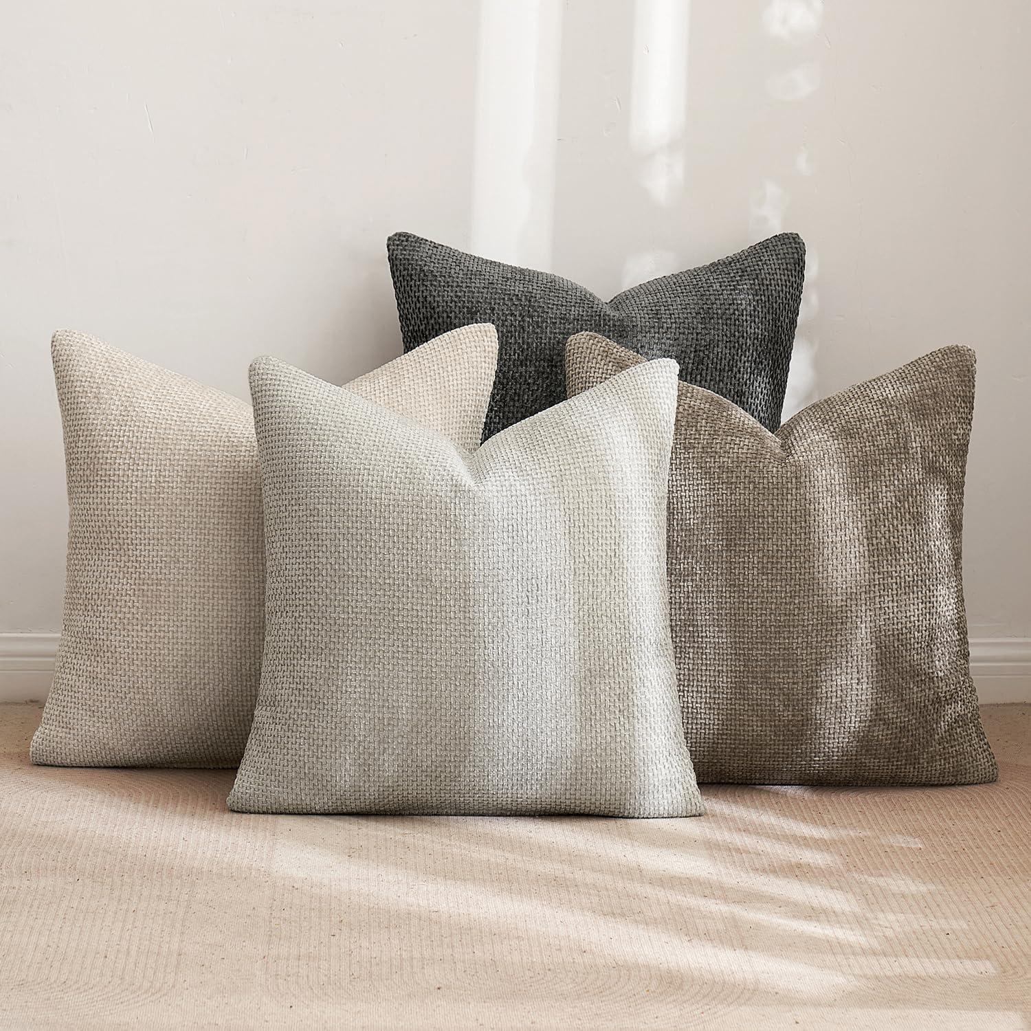 imageMIULEE Pack of 4 Couch Throw Pillow Covers 20x20 Inch Neutral Soft Decorative Chenille Pillow Covers Farmhouse Boho Cushion Covers for Mid Century Modern Home Decor Sofa Bedroom Living RoomNeutral