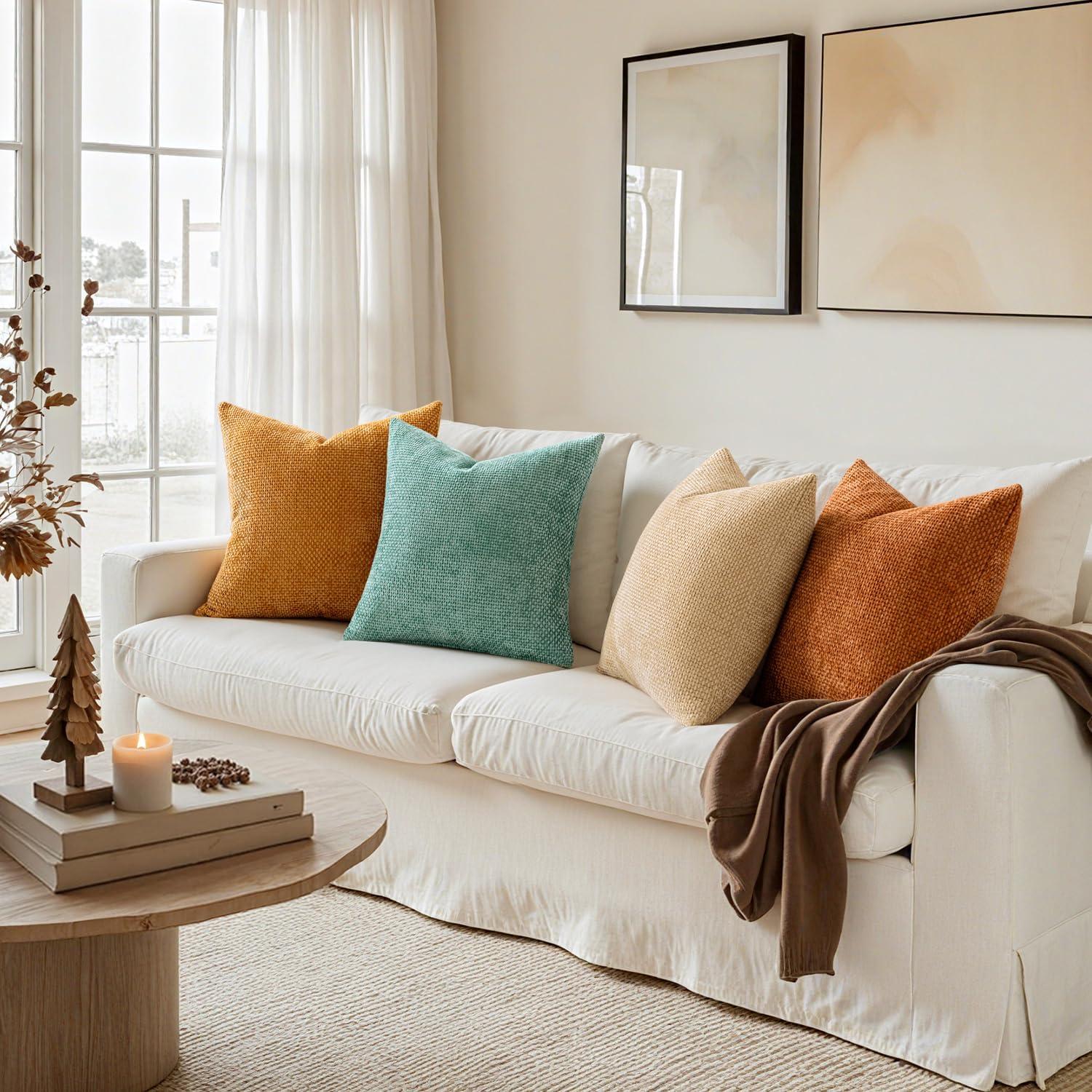 imageMIULEE Pack of 4 Couch Throw Pillow Covers 20x20 Inch Neutral Soft Decorative Chenille Pillow Covers Farmhouse Boho Cushion Covers for Mid Century Modern Home Decor Sofa Bedroom Living RoomOrangeTeal