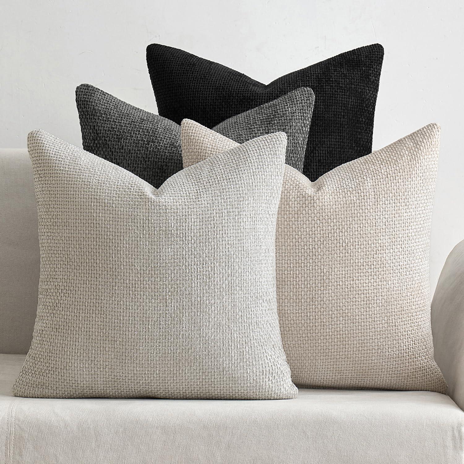 imageMIULEE Pack of 4 Couch Throw Pillow Covers 20x20 Inch Neutral Soft Decorative Chenille Pillow Covers Farmhouse Boho Cushion Covers for Mid Century Modern Home Decor Sofa Bedroom Living RoomNeutral CreamGrey