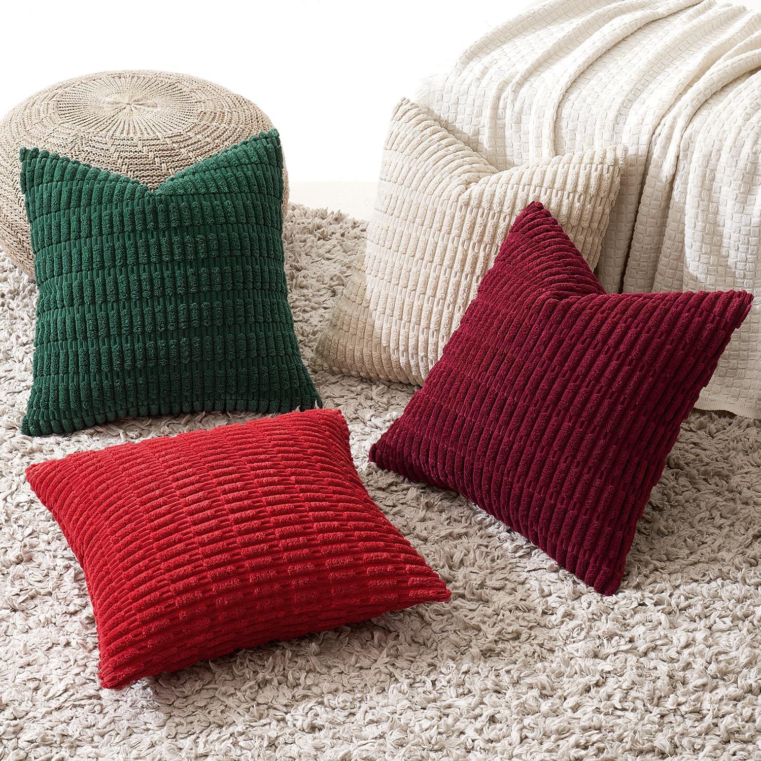 imageMIULEE Pack of 4 Fall Boho Farmhouse Orange Yellow Corduroy Decorative Throw Pillow Covers 18x18 Inch Soft Striped Pillow Covers Modern Rustic Home Decor for Sofa Living Room Couch BedRed and Green