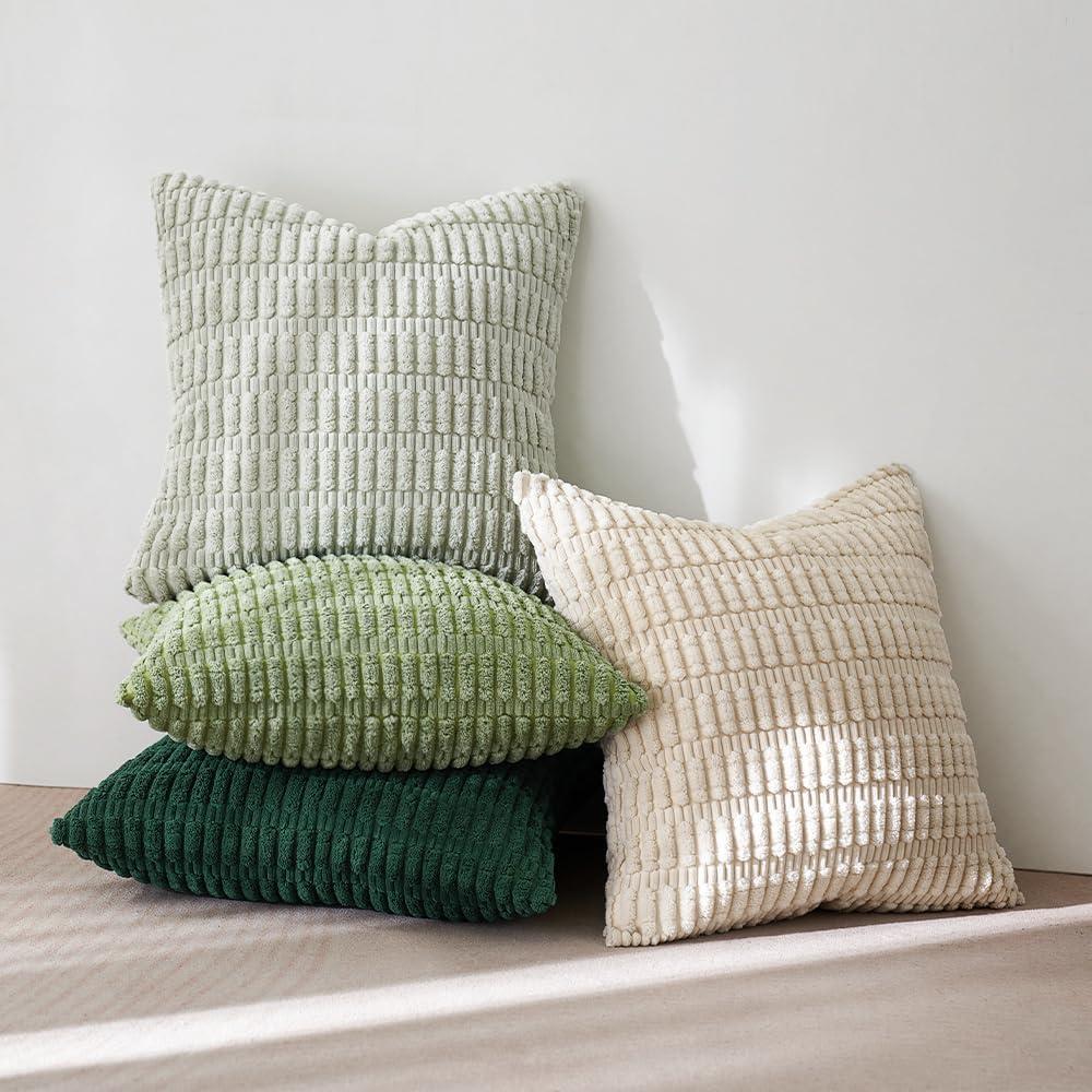 imageMIULEE Pack of 4 Fall Boho Farmhouse Orange Yellow Corduroy Decorative Throw Pillow Covers 18x18 Inch Soft Striped Pillow Covers Modern Rustic Home Decor for Sofa Living Room Couch BedGreen