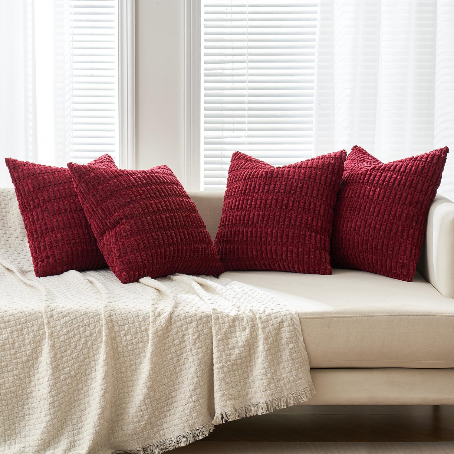 imageMIULEE Pack of 4 Fall Boho Farmhouse Orange Yellow Corduroy Decorative Throw Pillow Covers 18x18 Inch Soft Striped Pillow Covers Modern Rustic Home Decor for Sofa Living Room Couch BedWine Red