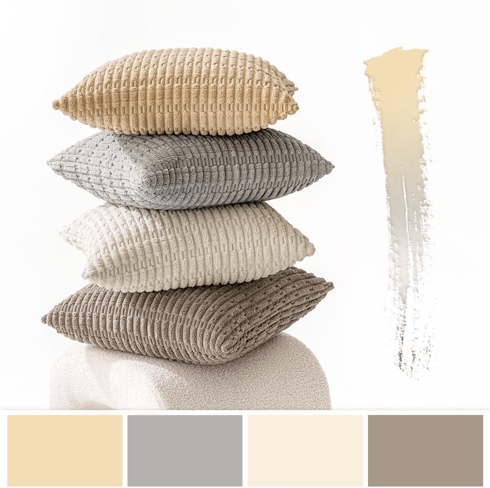 imageMIULEE Pack of 4 Fall Boho Farmhouse Orange Yellow Corduroy Decorative Throw Pillow Covers 18x18 Inch Soft Striped Pillow Covers Modern Rustic Home Decor for Sofa Living Room Couch BedNeutral