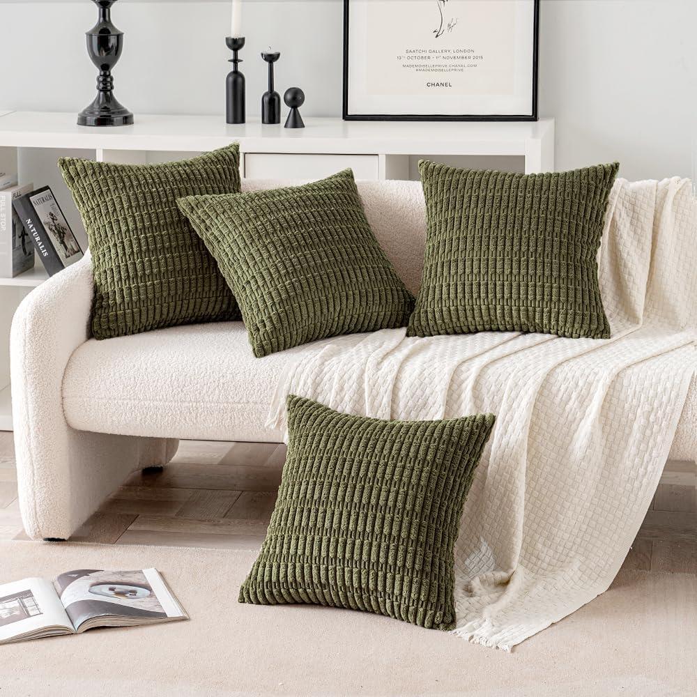 imageMIULEE Pack of 4 Fall Boho Farmhouse Orange Yellow Corduroy Decorative Throw Pillow Covers 18x18 Inch Soft Striped Pillow Covers Modern Rustic Home Decor for Sofa Living Room Couch BedOlive Green