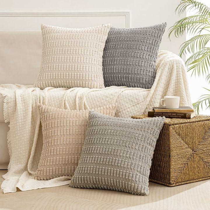 imageMIULEE Pack of 4 Fall Boho Farmhouse Orange Yellow Corduroy Decorative Throw Pillow Covers 18x18 Inch Soft Striped Pillow Covers Modern Rustic Home Decor for Sofa Living Room Couch BedBeige and Brown