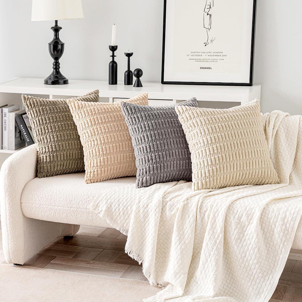 imageMIULEE Pack of 4 Fall Boho Farmhouse Orange Yellow Corduroy Decorative Throw Pillow Covers 18x18 Inch Soft Striped Pillow Covers Modern Rustic Home Decor for Sofa Living Room Couch BedBeige and Brown